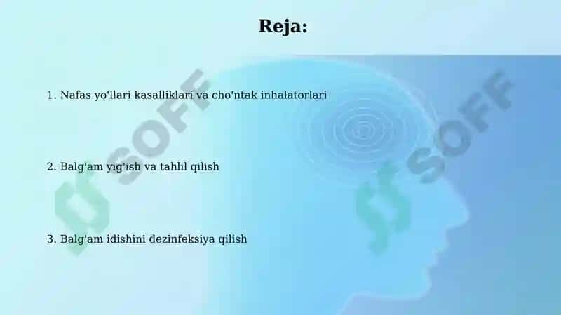 Nafas olish kasalliklari Cho'ntak ingalyatoridan foydalanish Balg'am yig'ish Tufdon dezinfeksiyasi 2