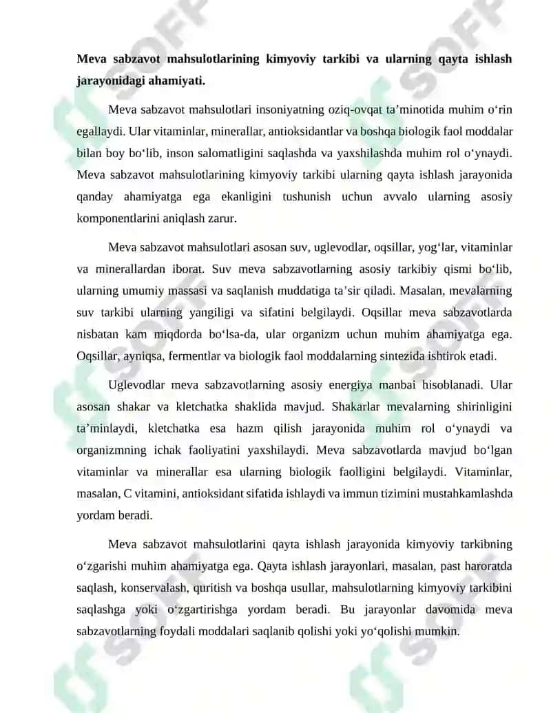 Meva sabzavot mahsulotlarini qayta qilishni texnokimyoviy nazorati. 2