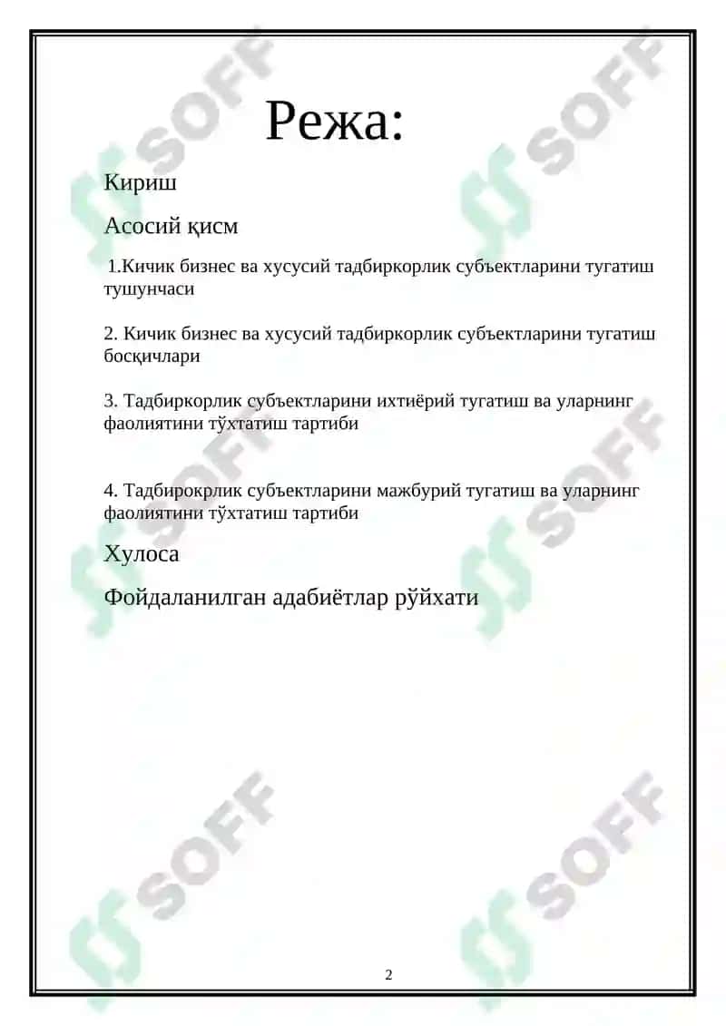 Кичик бизнес ва хусусий тадбиркорлик субъектларини тугатиш 2