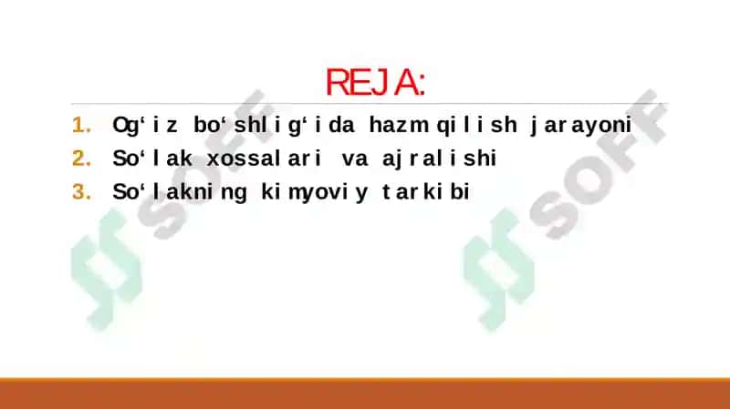 OG'IZ BO'SHLIG'IDA XAZM QILISH JARAYONINI O'RGANISH,SO'LAK XOSSALARI VA AJRALISHINI TEKSHIRISH.-SO'LAKNING AMILOLITIK AKTIVLIGINI KUZATISH MM DASTURI «AMALIYOT FIZIOLOGIYASIE -LESHLI-KRASNOGORSKIY KAPSULASINING NAMOYISHI 2