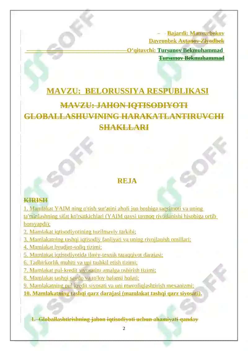 Mamlakat YAIM ning o'sish sur'atini aholi jon boshiga taqsimoti va uning ta'minlashning sifat ko'rsatkichlari 2