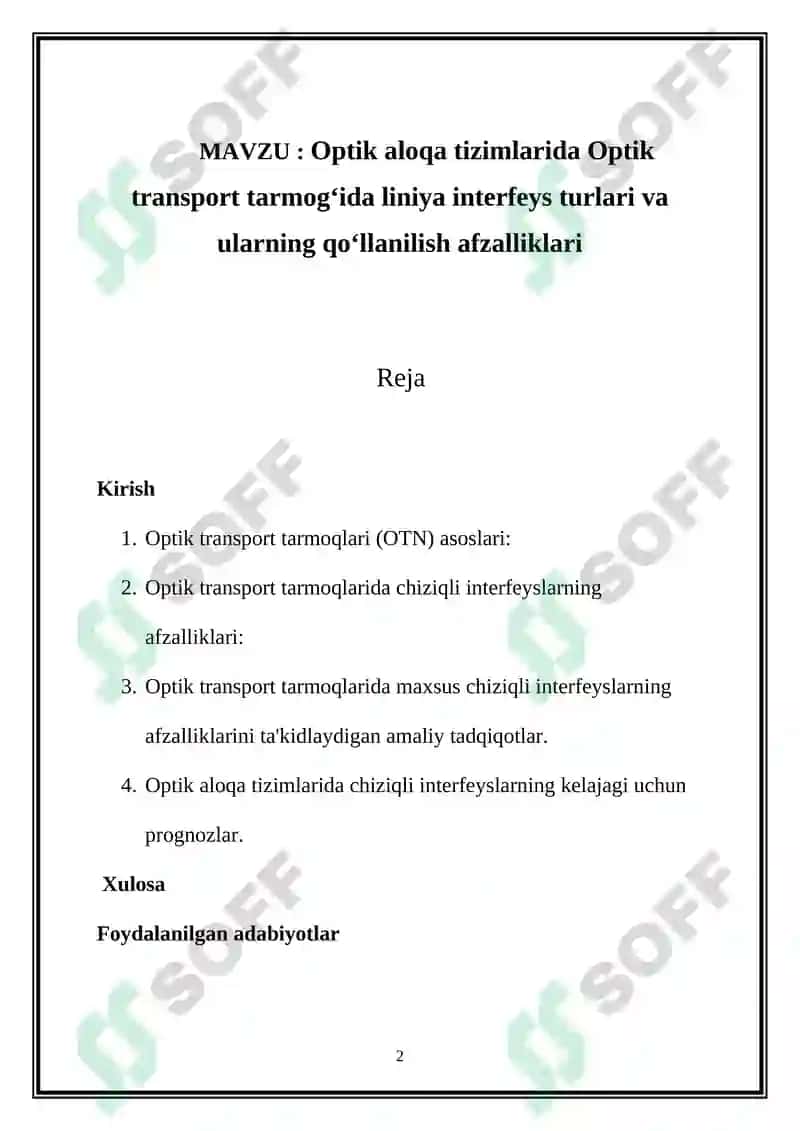 Optik aloqa tizimlarida Optik transport tarmogʻida liniya interfeys turlari va ularning qoʻllanilish afzalliklari 2