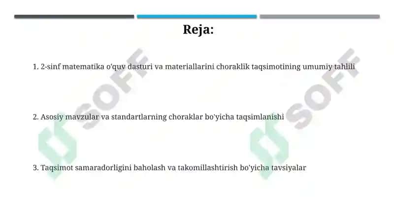 İkkinchi sinf matematika dasturlari va materiallarining choraklar bo'yicha joylashuvi umumiy tahlili 2