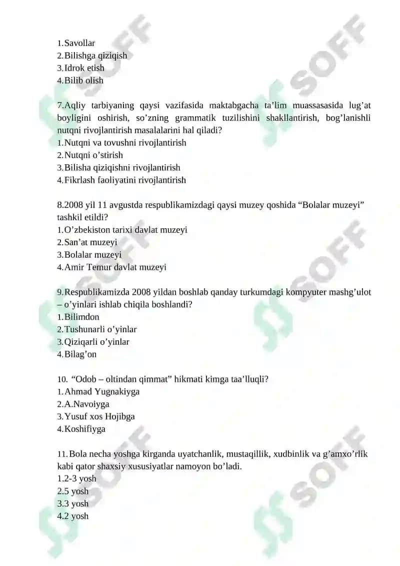 MAKTABGACHA PEDAGOGIKA FANIDAN DAVLAT ATTESTATSIYASI UCHUN TEST SAVOLLAR 2