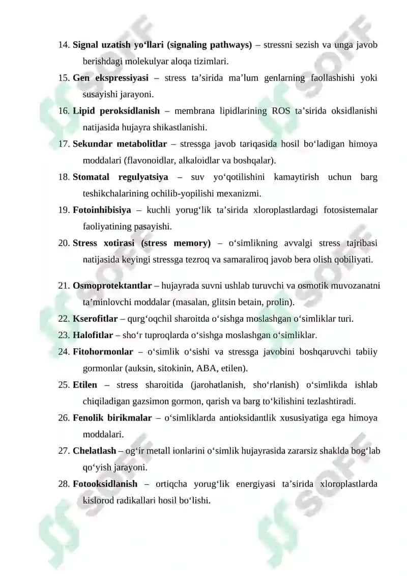 O’SIMLIKLARDA STRESSNING TURLI MEXANIZMLARI. GLOSSARY 2