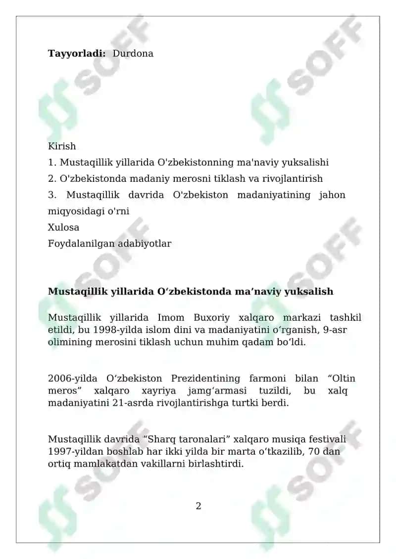 Mustaqillik yillarida o'zbekistondagi ma'naviy va madaniy taraqqiyot 2