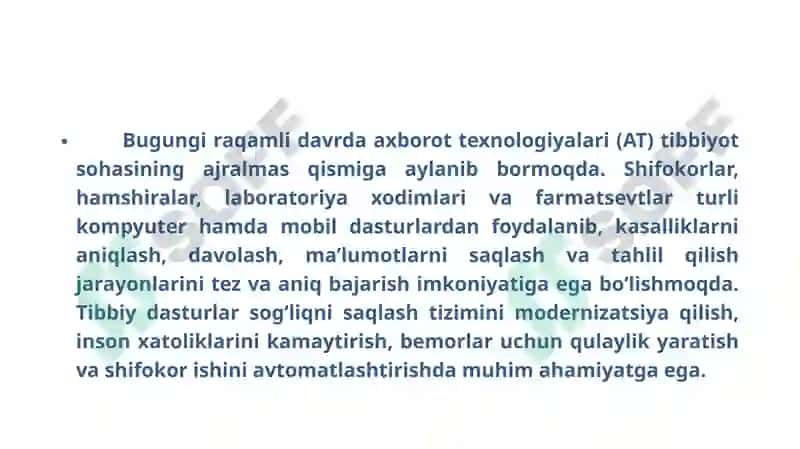 Axborot texnologiyalari Tibbiyot sohasida 2