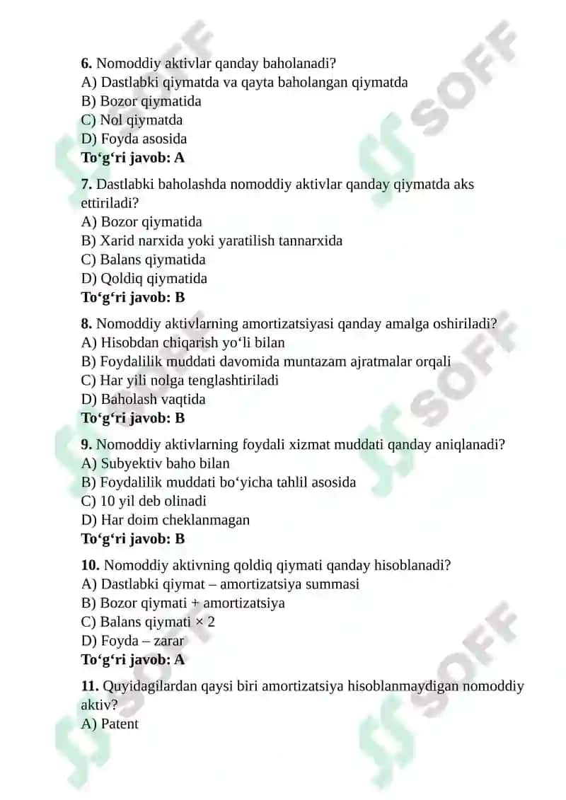 Nomoddiy aktivlar hisobi va ularni baholash tartibi test 2
