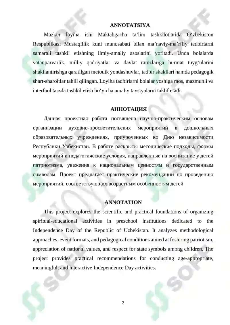 Maktabgacha ta'lim tashkilotlarida "O'zbekiston Respublikasining Mustaqillik kuni" munosabati bilan ma'naviy-ma'rifiy tadbirlarni tashkil etish loyixasi 2