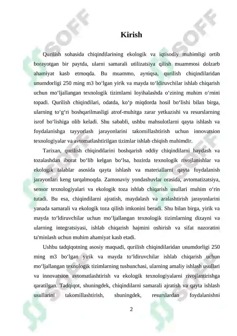 Qurilish chiqindilaridan unumdorligi 250 ming m3 bo‘lgan yirik va mayda to‘ldiruvchilar ishlab chiqarish sexining texnologik tizimlari 2