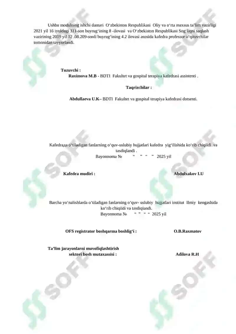 Buxoro Davlat Tibbiyot Institutining Ichki Kasalliklar modul ishchi dasturi 2