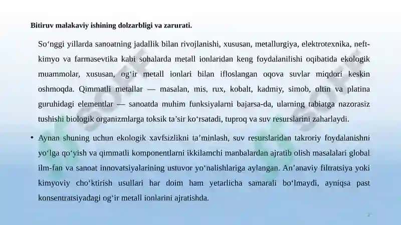 Tarkibida oltingugurt va azot bo`lgan sorbentlar  sintizi va ularning qo`llanilishi 2