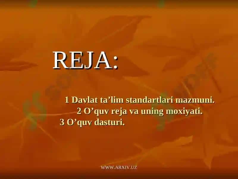 Davlat ta’lim standartlari o’quv reja, o’quv dasturining mohiyati va mazmunida tayyorlagan 2
