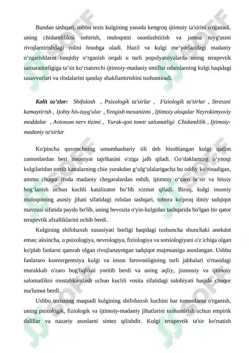TEZIS MAVZUSI: KULGINING SHIFOBAXSH KUCHI 2
