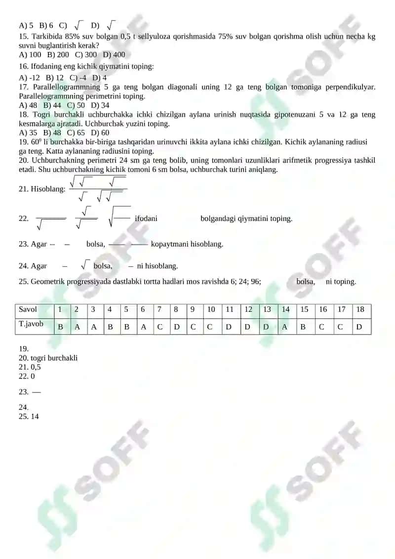 9-sinflar uchun Matematikadan test savollari 2