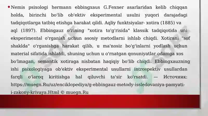 Ebbingauz, Brayyan va Xarterlarning eksperimental psiХОlogiya nuqtaiy nazaordan olib borgan tadqiqotlari 2