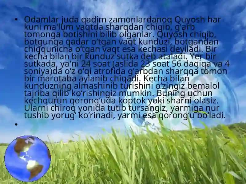 Yerning o‘z o‘qiatrofidaaylanishi vakattaligi 2