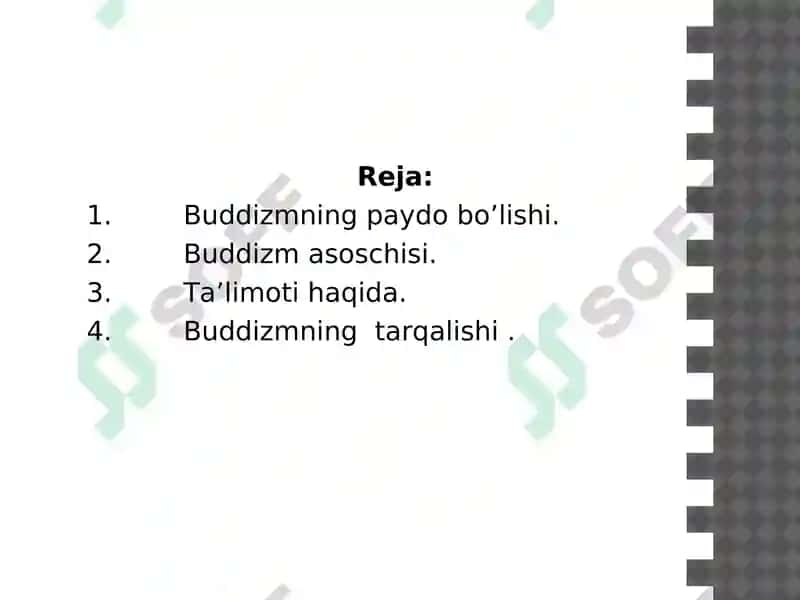 BUDDAVIYLIK DININING PAYDO BO‘LISH TARIXI, ASOSIY TA'LIMOTLARI, OQIMLARI VA MANBALARI 2