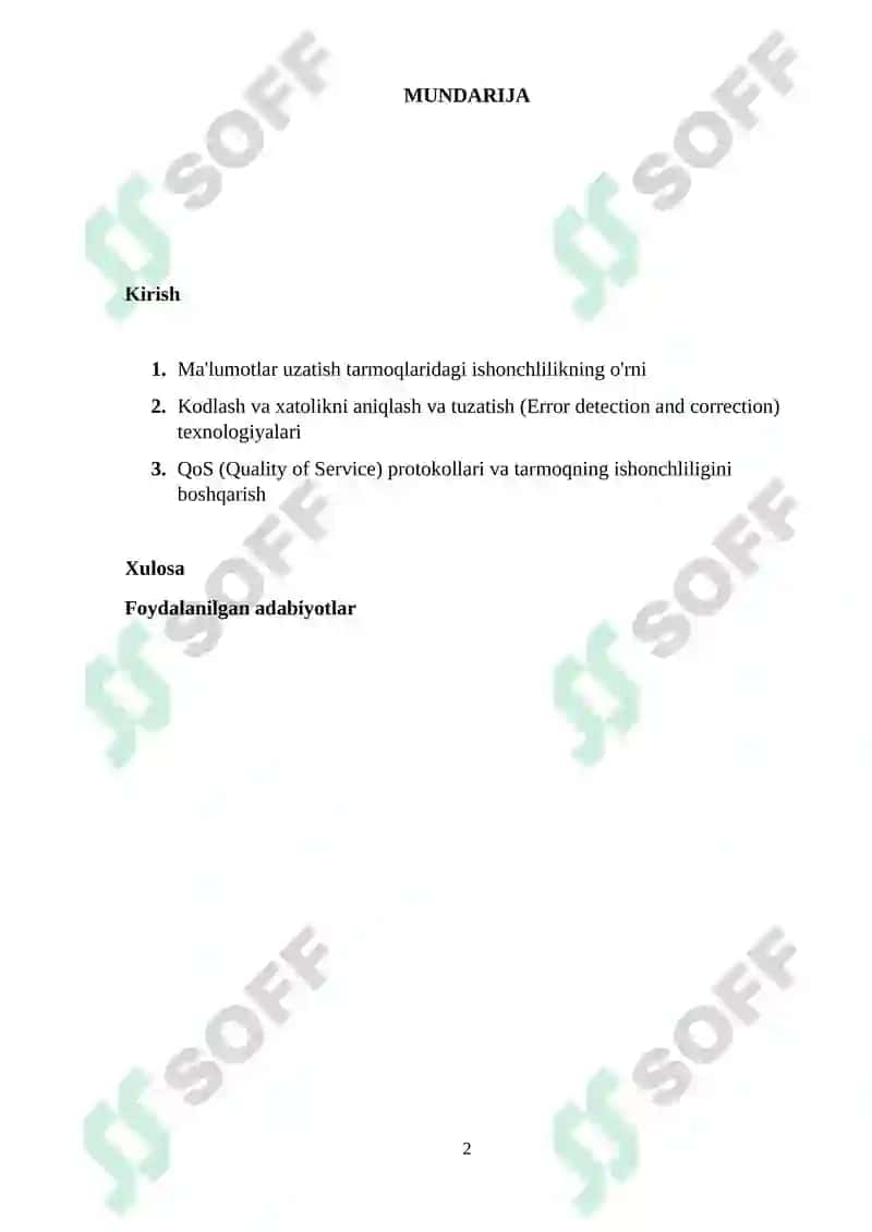 Ma’lumotlar uzatish tarmoqlarining ishonchlilik ko`rsatkichlariga talablar va ularni oshirish usullari. Ma’lumotlar uzatish tarmoqlarida monitoring usullari va protokollari 2