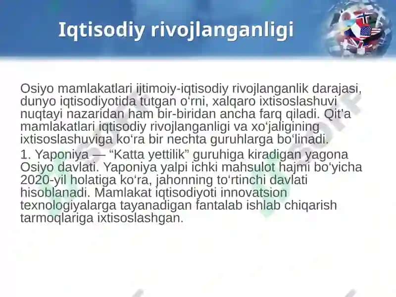 Osiyo mamlakatlarining iqtisodiy rivojlanganligi 2