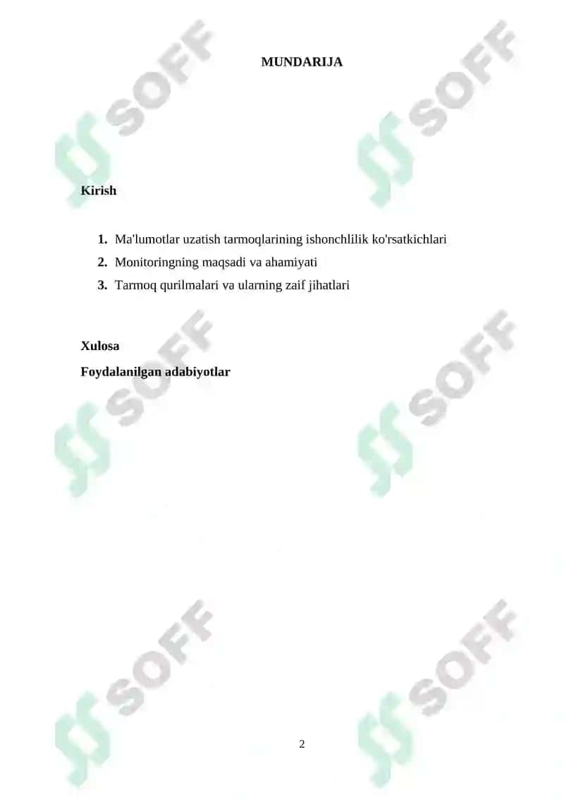 Ma'lumotlar uzatish tarmoqlarining ishonchlilik ko`rsatkichlariga talablar va ularni oshirish usullari. Ma'lumotlar uzatish tarmoqlarida monitoring usullari va protokollari 2