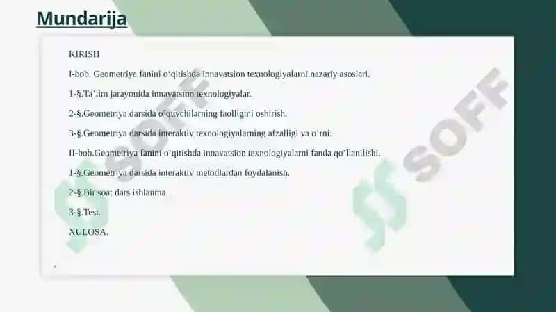 Geometriya fanini oʻqitishda ta’lim oluvchilarni faolligini oshirishda innovatsion texnologiyalardan foydalanib darslarni tashkil etish. 2