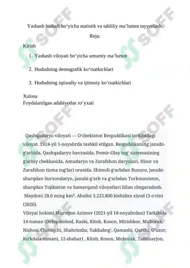 Yashash hududi bo‘yicha statistik va tahliliy ma’lumot tayyorlash 2