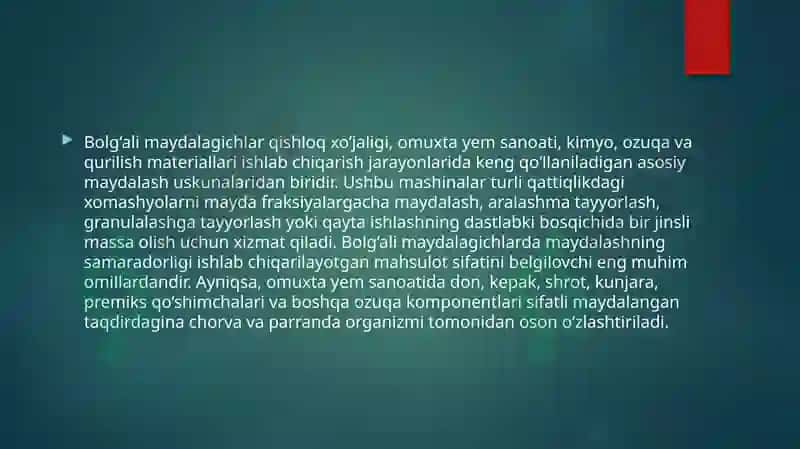 Homashyolarni bolg'ali maydalagichlarda maydalash 2