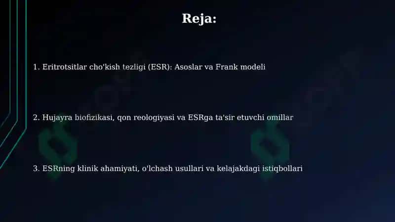 Eritrotsitlar cho'kish tezligi. Frank modeli. Hujayra biofizikasi 2