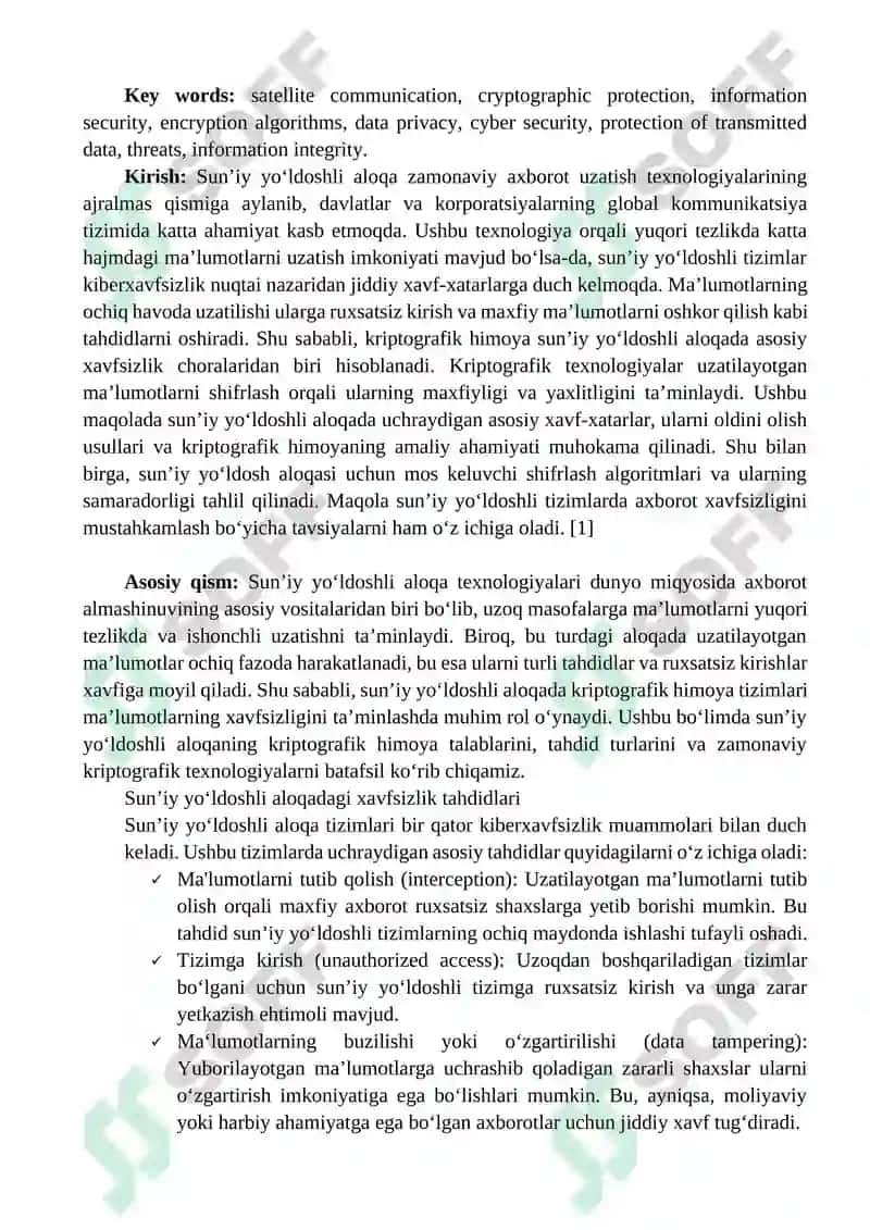 SUN’IY YO‘LDOSHLI ALOQADA KRIPTOGRAFIK HIMOYANING AHAMIYATI 2