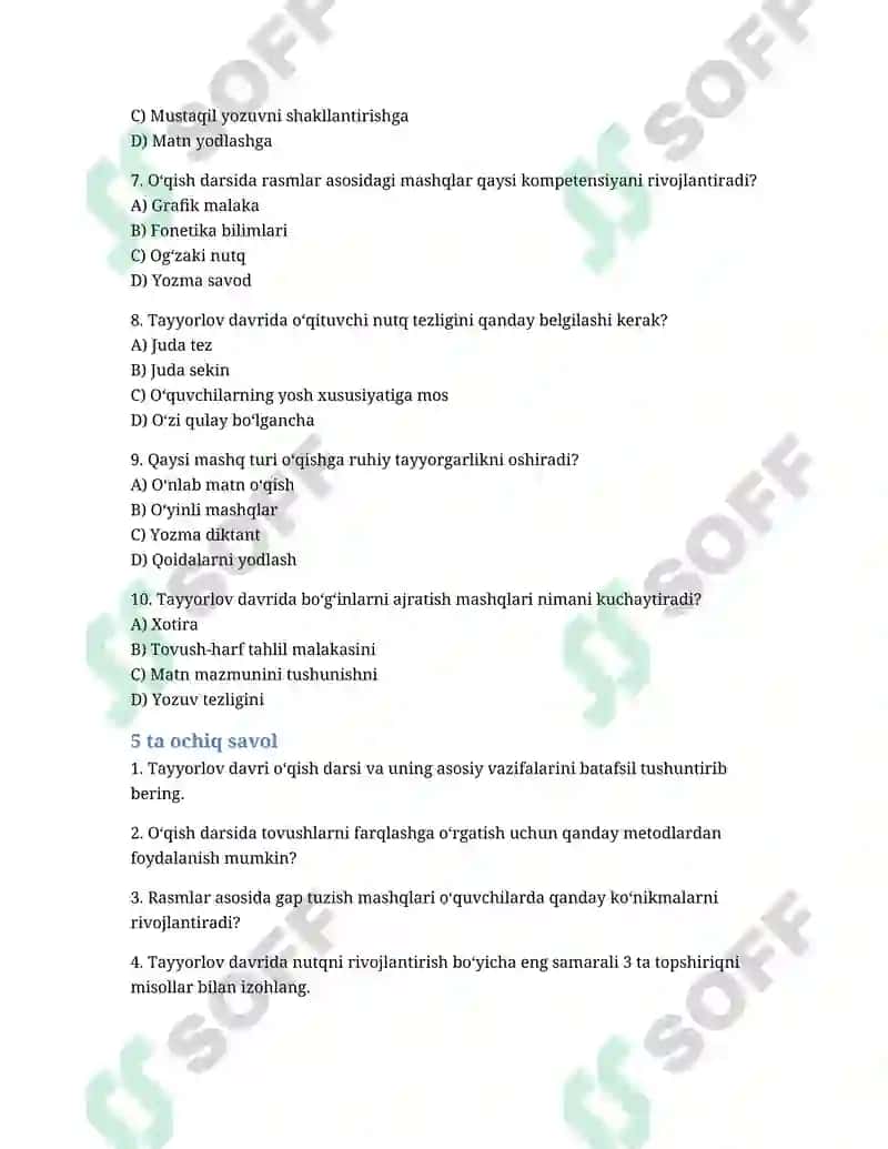 Savod o‘rgatish tayyorlov davri o‘qish darsi uchun test va ochiq savollar 2