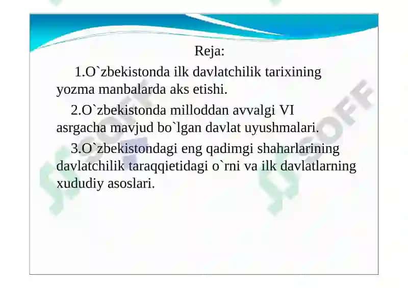 Davlatchilik tushunchasi. Avesto kitobida qadimiy davlatchilik tarixiga oid ma’lumotlar. O‘rta Osiyo hududidagi davlatlar tuzilmalari. 2