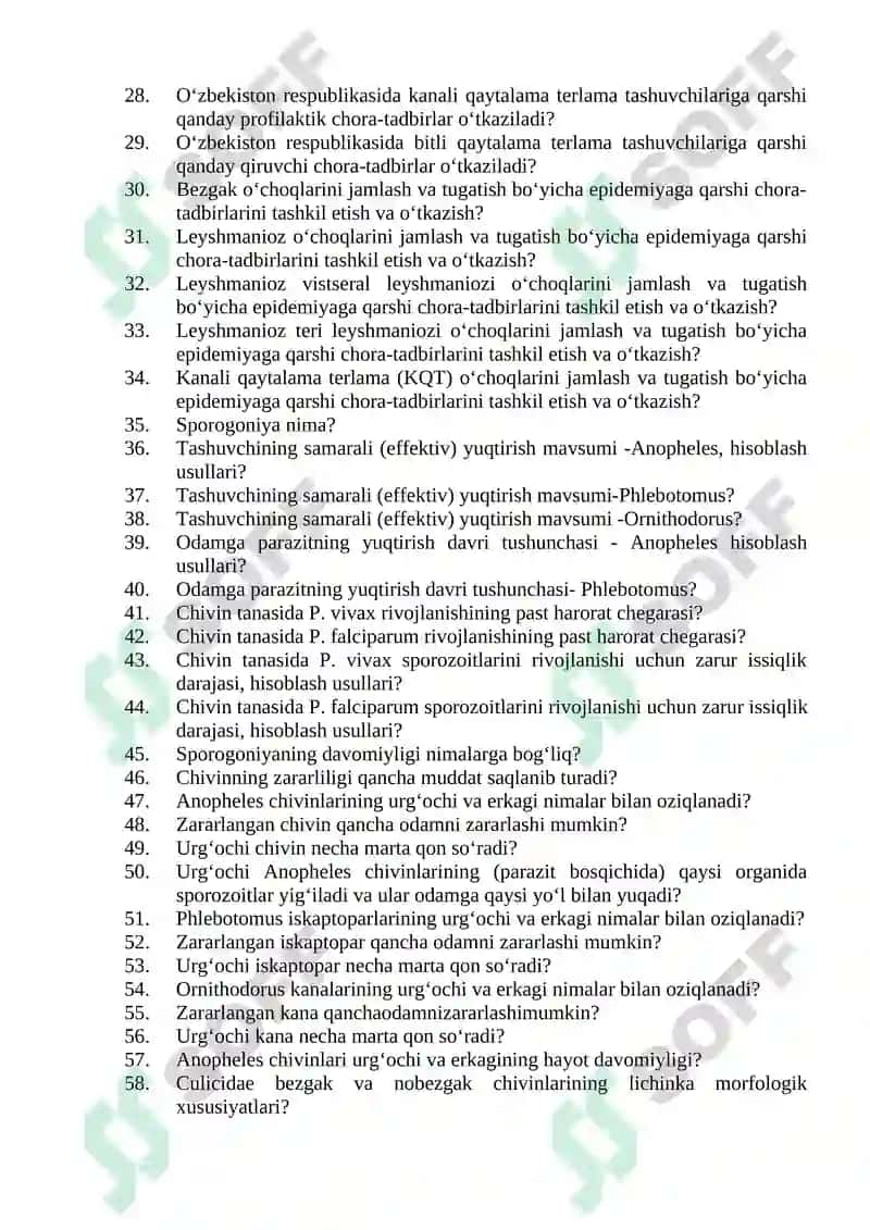 Tibbiy-profilaktika ishi (Entomolog vrach yordamchilari uchun) mutaxassisligi bo'yicha shakllantirilgan og’zaki savollar ro'yxati 2