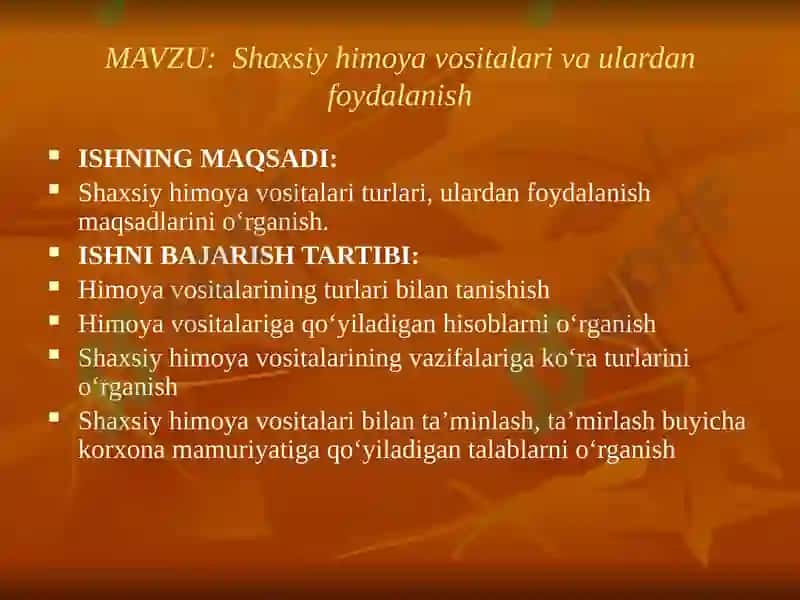 MAVZU:  Shaxsiy himoya vositalari va ulardan foydalanish 2
