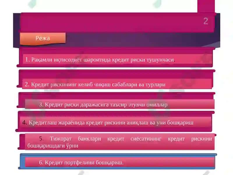 Тижорат банклари кредит сиёсати ва кредит рискини бошкаришга куйиладган талаблар 2