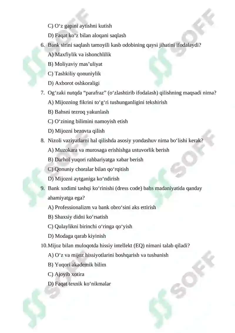 Bank xizmatchisining bahs yuritish madaniyati haqida 60 talik test javobi bilan 2