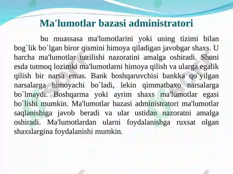 Ma`lumotlar bazasini administratorlash va xavfsizligini ta`minlash 2