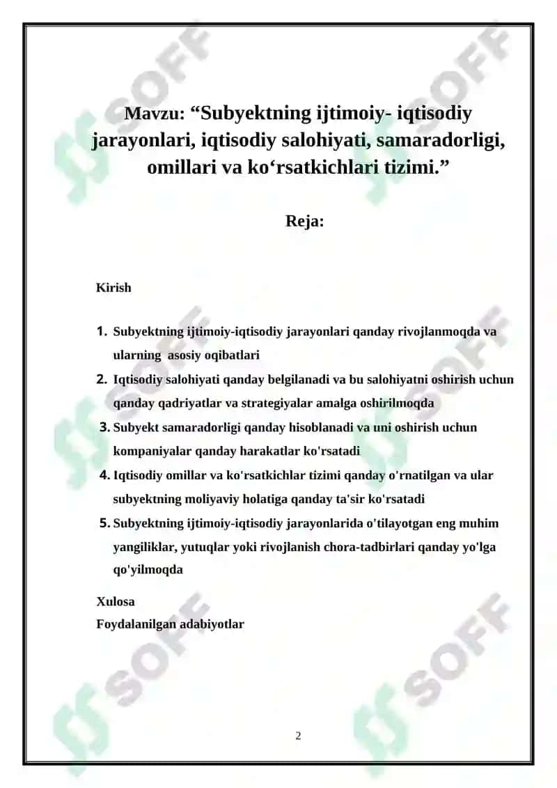 Subyektning ijtimoiy-iqtisodiy jarayonlari, iqtisodiy salohiyati, samaradorligi, omillari va koʻrsatkichlari tizimi REFERAT ISHI 2