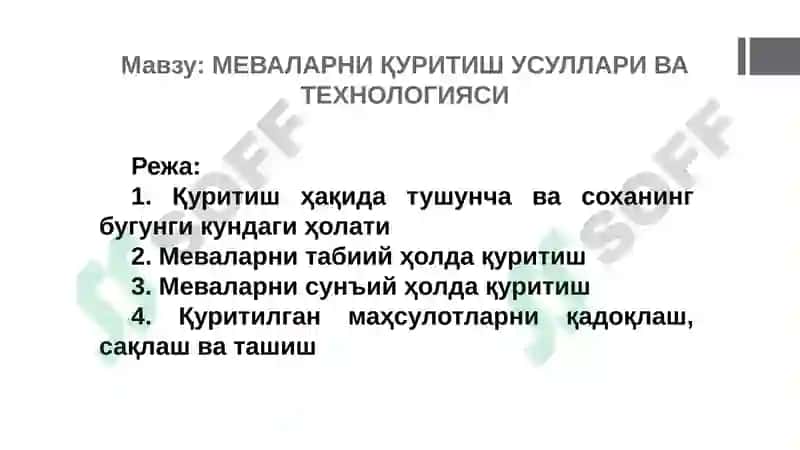 Мева-сабзавотлар ва узумни қуриш технологияси 2
