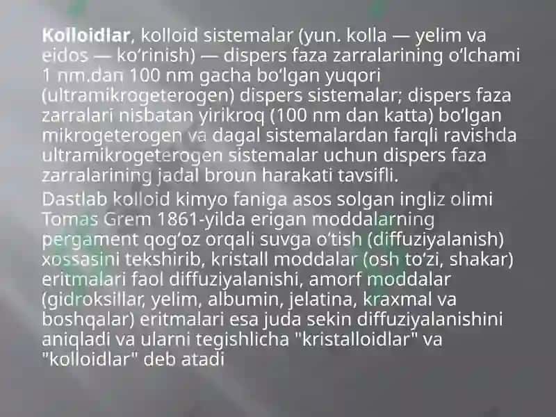 Kolloid sistemalarni dializ yo‘li bilan tozalash. Gemodializni o‘tkazishda kimyoning ahamiyati 2