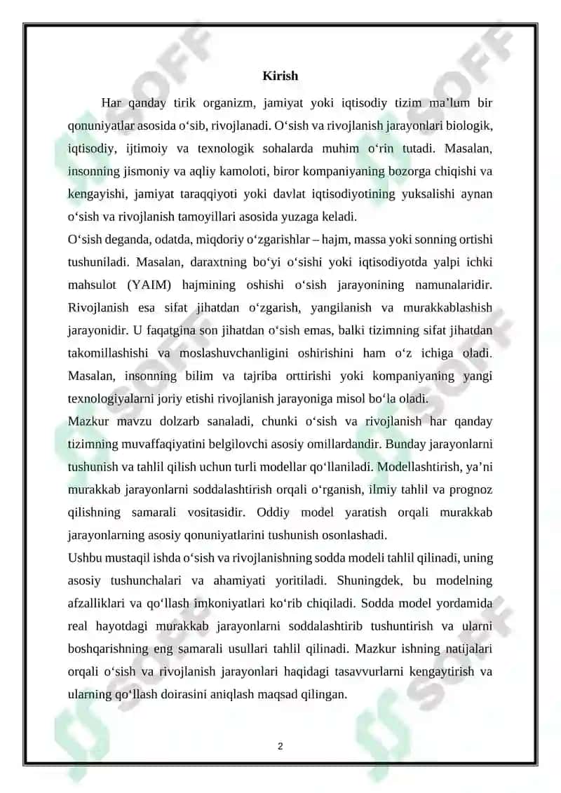 Oʻsish va rivojlanishining sodda modeli 2