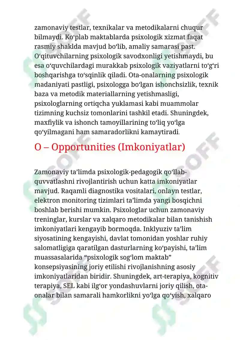 Psixologik-pedagogik qo‘llab-quvvatlashni rivojlantirish mavzusida SWOT tahlil 2