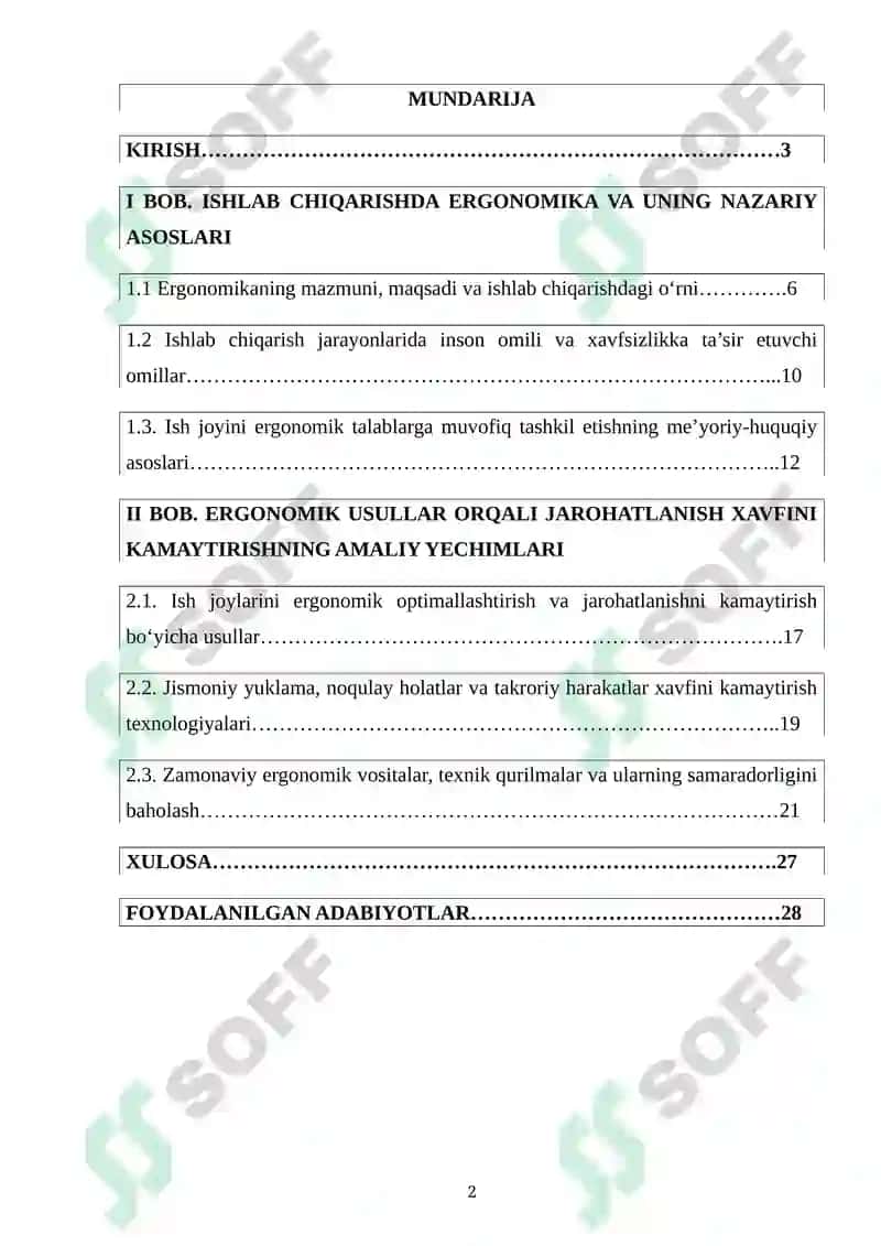 Ishlab  chiqarishda jarohatlanish xavfini kamaytirishda erganomik usullarning samaradorligi 2