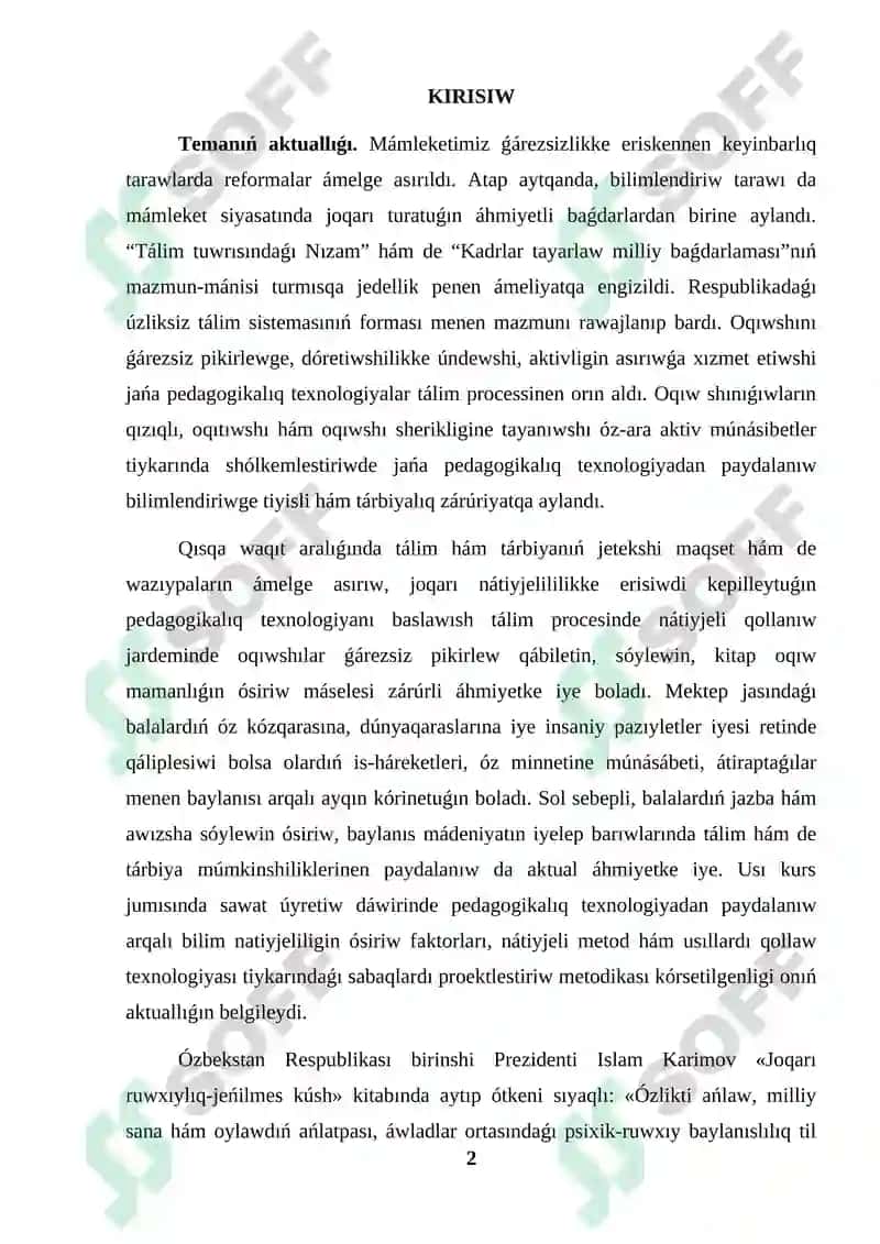 Álipbe dáwirinde oqıwshılardıń sóylewin ósiriw kurs jumısı 2