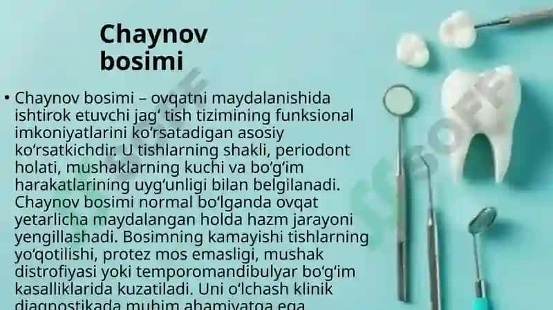 Chaynov bosimini va chaynash samaradorligini aniqlash usullari. Gnatodinammometriya. Odontoparodonto 2
