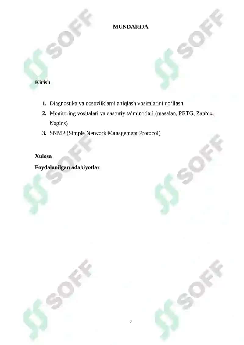 Ma’lumotlar uzatish tarmoqlarining ishonchlilik ko`rsatkichlariga talablar va ularni oshirish usullari. Ma’lumotlar uzatish tarmoqlarida monitoring usullari va protokollari 2
