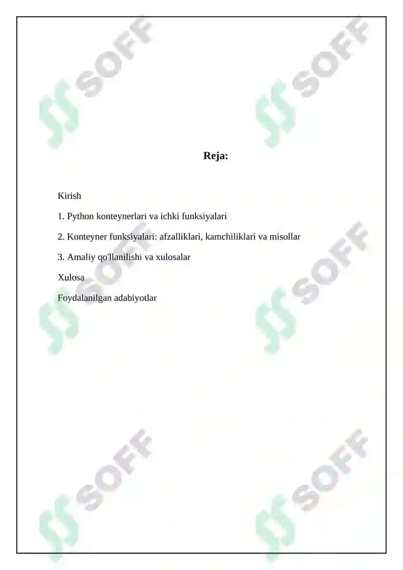 Pythonda konteyner (royxat, toplam, lug`t) lar ular bilan ishlaydigan tayyor funktsiyalar 2
