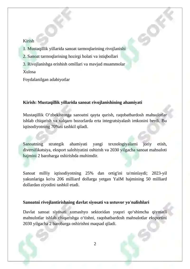 Mustaqillik yillarida sanoat tarmoqlarining rivojlanishi 2
