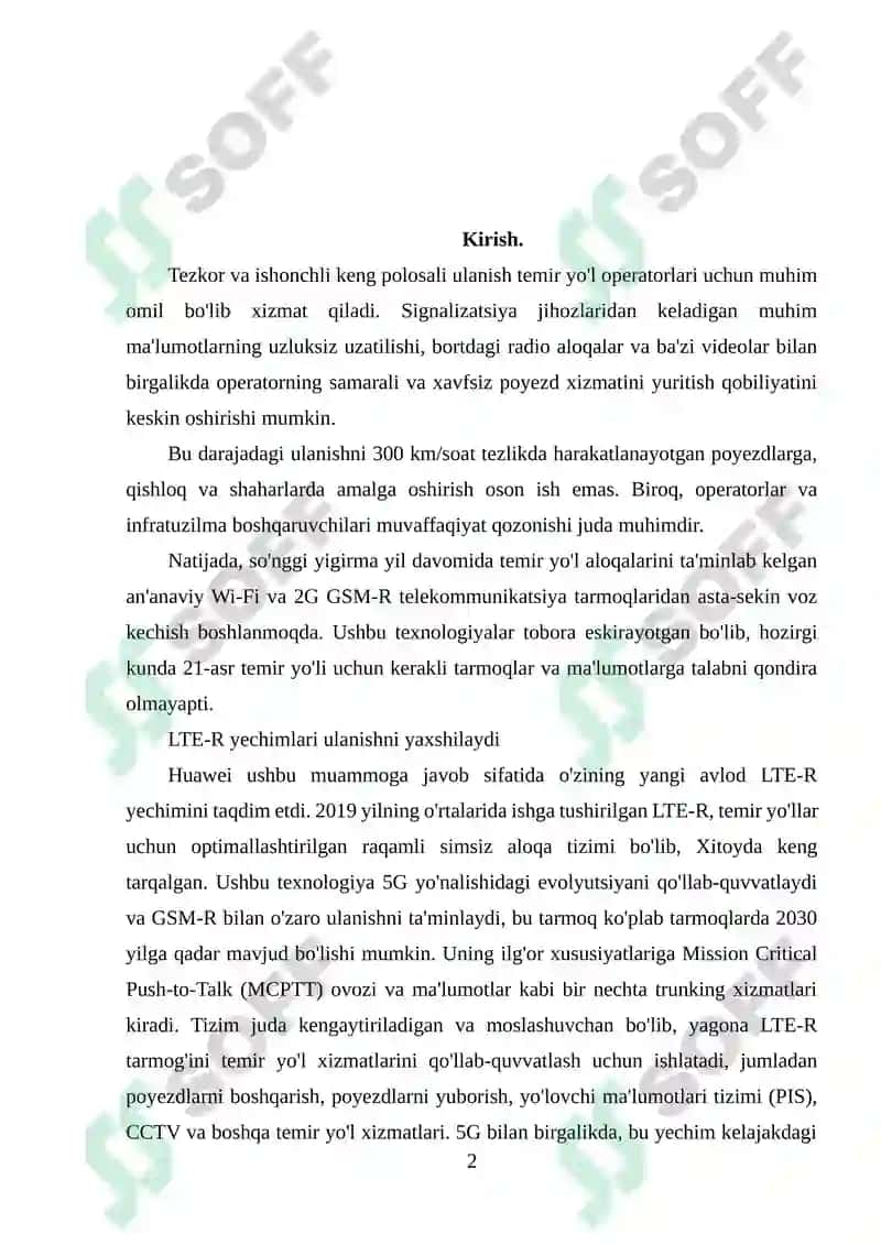 LTE-R tarmoqlari yordamida temir yo‘l transportida yo‘lovchi xizmatlari sifatini oshirish. 2