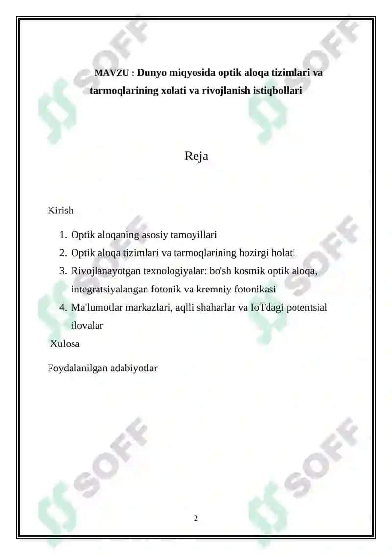 Optik aloqa tizimlari va tarmoqlarining xolati va rivojlanish istiqbollari 2